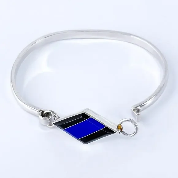 Estate Taxco Sterling Silver 925 Inlay Bracelet w/ Lapis & Onyx 7” - Picture 5 of 9